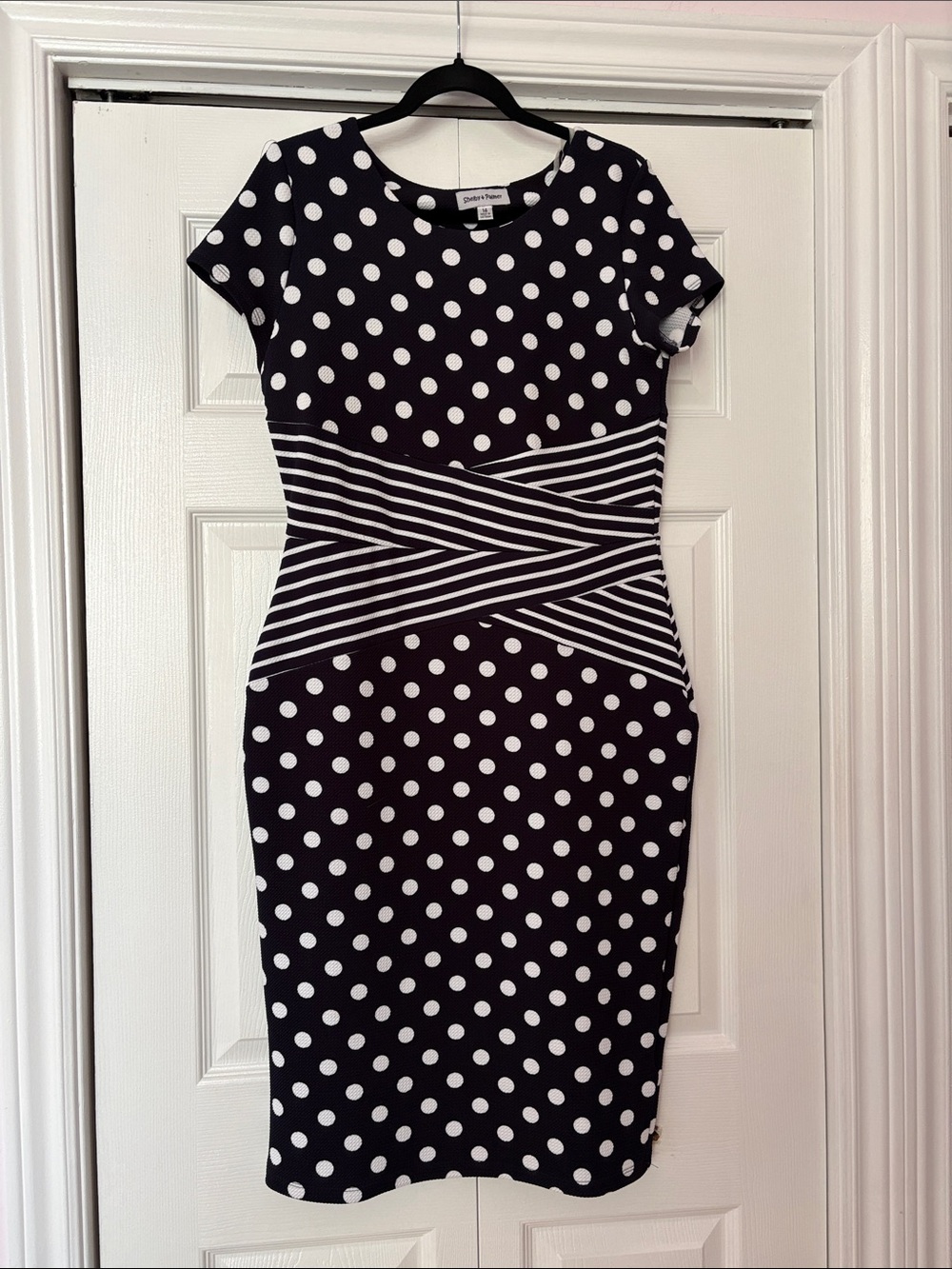 Shelby & Palmer Navy and White Polka Dot Midi Dress with Striped Waist